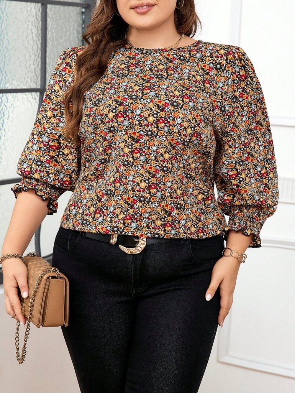 Multicolor Boho Women's Plus Size All Over Floral Printed Lantern Sleeve Blouse